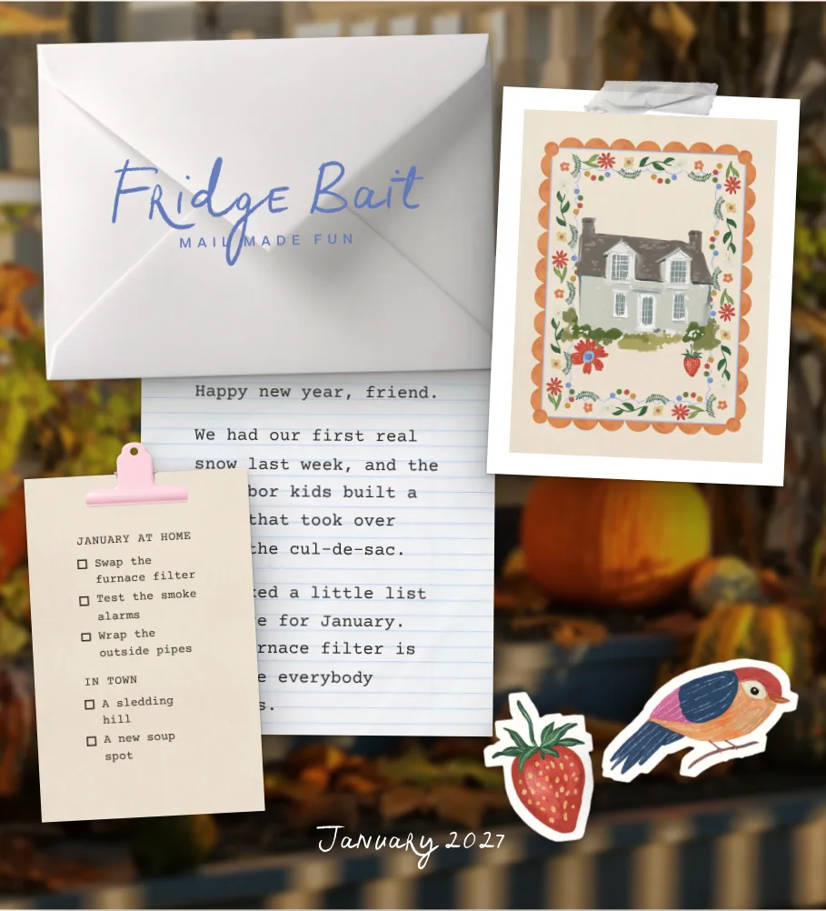 A Whimsy Fridge Bait kit laid out: envelope, letter, art card, bucket list and sticker